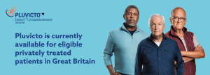 Top banner. Pluvicto▼ (lutetium Lu 177 vipivotide tetraxetan) branded banner. Image of 3 older men. Text 'Pluvicto is currently available for eligible privately treated patients in Great Britain'.